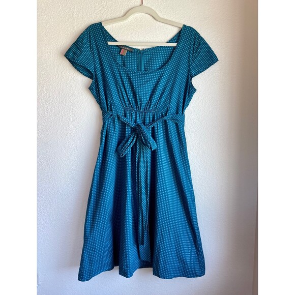 Orla Kiely Women's Grid Dot Cap Sleeve A-Line Belted Bow Dress in Blue & Teal 8 - Picture 3 of 11